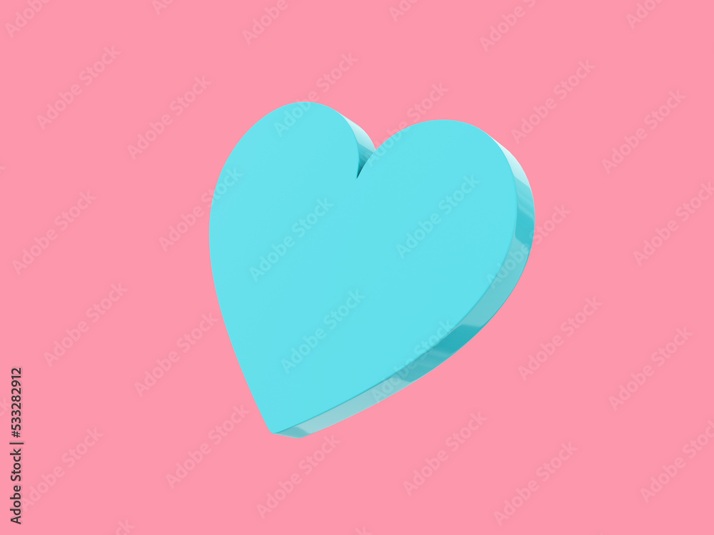 Flat heart. Blue mono color. Symbol of love. On a solid pink background. Bottom view. 3d rendering.