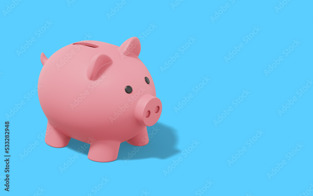 Pink piggy bank on blue background. Accumulation of savings icon. Banner, space for text. 3D rendering.