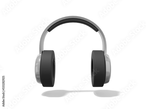 Realistic gray headphones on white background. Front view. 3d rendering.
