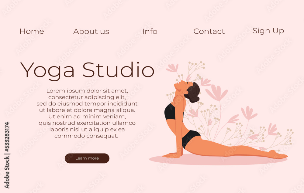 Yoga studio vector banner. The girl is stretching. Vector illustration in flat style