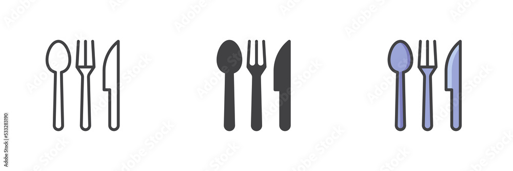 Fork knife and spoon different style icon set Fork knife and spoon different style icon set