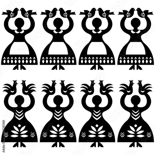 Polish folk art seamless vector pattern Wycinanki Kolbielskie - Kolbiel Papercuts with women holding birds in black and white
 