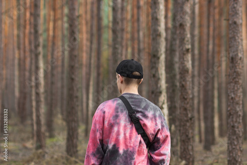 Alone young man in casual clothing and black hat with shoulder belt bag walking in a pine autumn forest. Rear view. © Kseniia