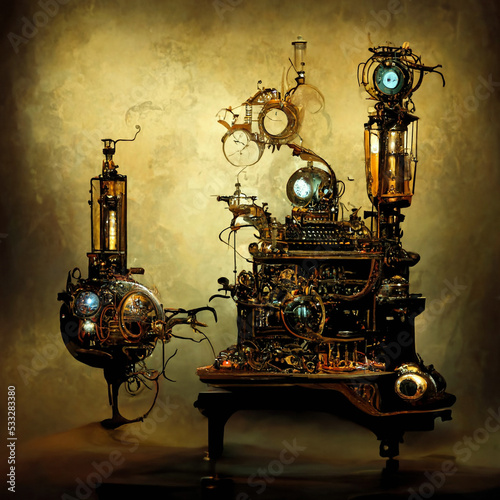 Obraz na plátně Digital art fantasy: retro-futuristic steampunk desktop computer made with gener