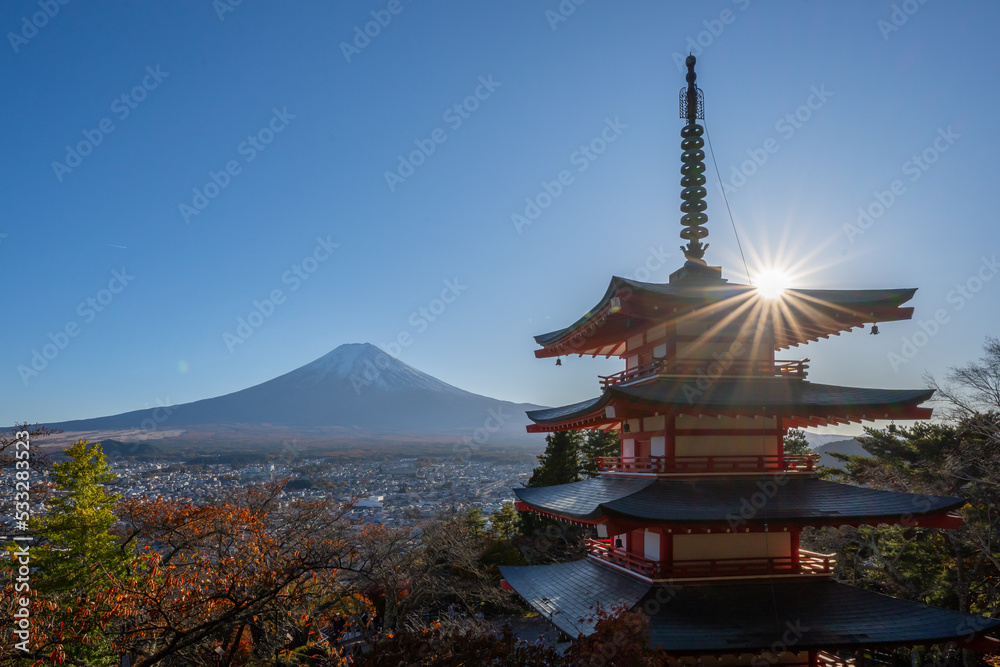 View of Mount Fuji from the viewpoint of Chureito Pagoda.Chureito Pagoda was built on the mountainside of Fujiyoshida City as a peace memorial