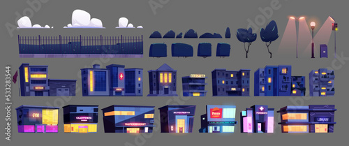 Night city elements, street constructor, urban architecture design objects isolated set. Cartoon houses, store buildings, street lamps, trees, clouds, litter bin, traffic lights, Vector illustration