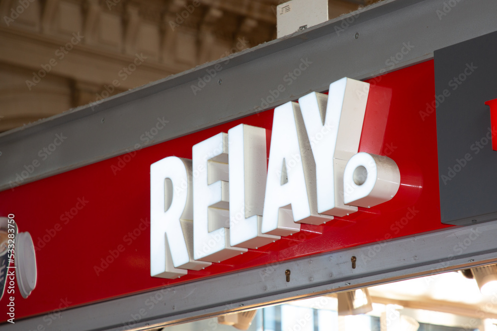 Relay brand text and logo sign shop press candies French convenience ...