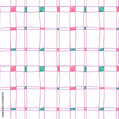 Seamless colorful bright tartan pattern for modern textile fabric apparel kitchen bedroom and paper design. Cute check repeat print hand drawn in pink green and white colors. 