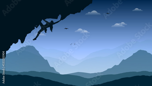 Extreme rock climber background. climber on a cliff with mountains as a background. Mountain climber walpaper for desktop. Silhouette of a rock climber. Rock climber. photo