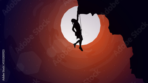 Extreme rock climber background. climber on a cliff with mountains as a background. Mountain climber walpaper for desktop. Silhouette of a rock climber. Rock climber.