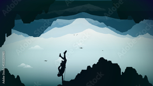 Extreme rock climber background. climber on a cliff with mountains as a background. Mountain climber walpaper for desktop. Silhouette of a rock climber. Rock climber. © riansa28