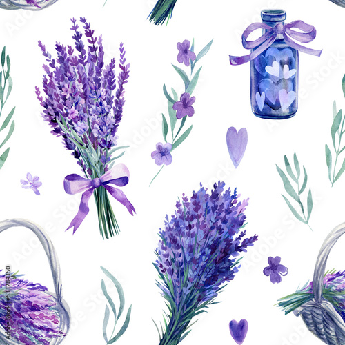 Lavender flower, basket, hearts isolated white background, watercolor hand drawing, seamless pattern. Floral background photo