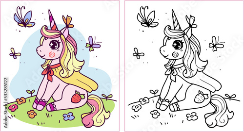 coloring page vector cute picture of unicorn in the meadow