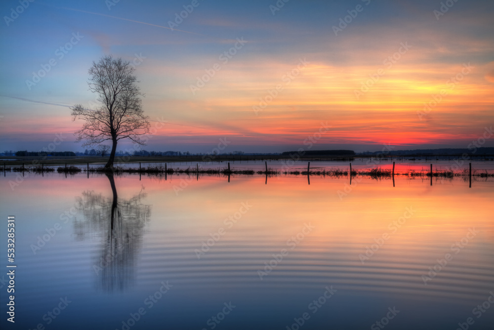 sunset or sunrise landscape in the Narew river valley spring backwaters of the river, Poland, Europe