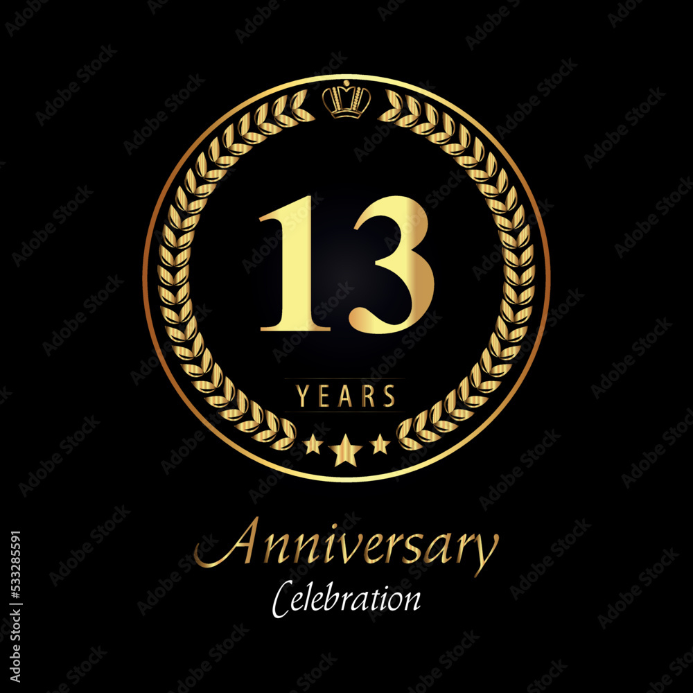 13th anniversary logo with golden laurel wreaths, gold crown, and gold star isolated on black background. Premium design for happy birthday, weddings, greetings card, poster, graduation, ceremony.