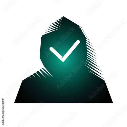 Hooded avatars, protected and hacked with a tick and a cross. Hacked, unknown, blocked. Isolated vector illustration