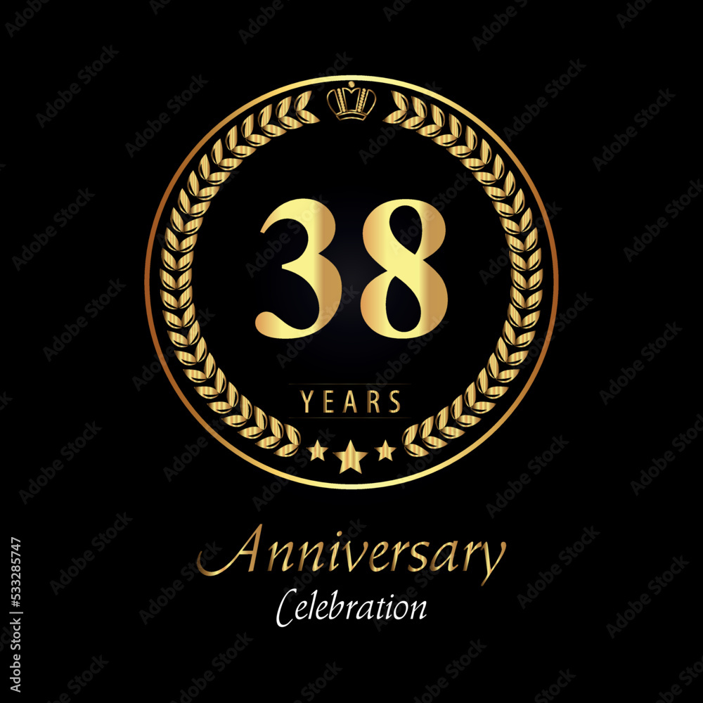 Fototapeta premium 38th anniversary logo with golden laurel wreaths, gold crown, and gold star isolated on black background. Premium design for happy birthday, weddings, greetings card, poster, graduation, ceremony.