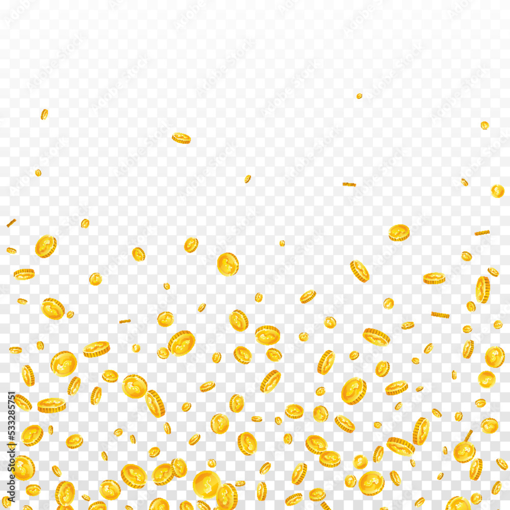 American dollar coins falling. Scattered gold USD American dollar coins falling. Scattered gold USD