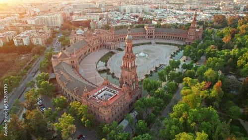 Flying over the Plaza de Espana at sunrise in Seville, Spain