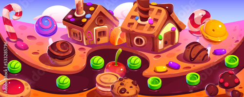 Game level map of fantasy sweet world with chocolate river, gingerbread houses, cakes and lollipops. Vector cartoon illustration for mobile game background with candies and desserts