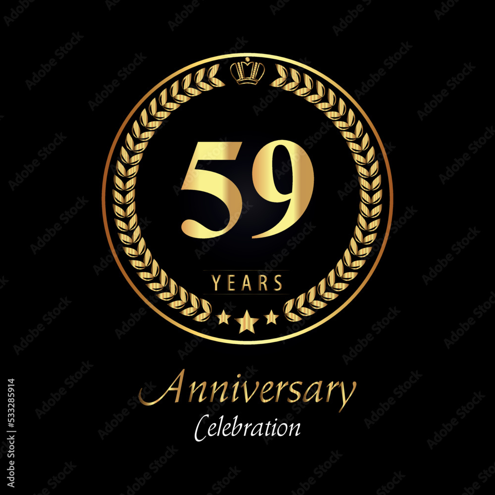 59th anniversary logo with golden laurel wreaths, gold crown, and gold star isolated on black background. Premium design for happy birthday, weddings, greetings card, poster, graduation, ceremony.