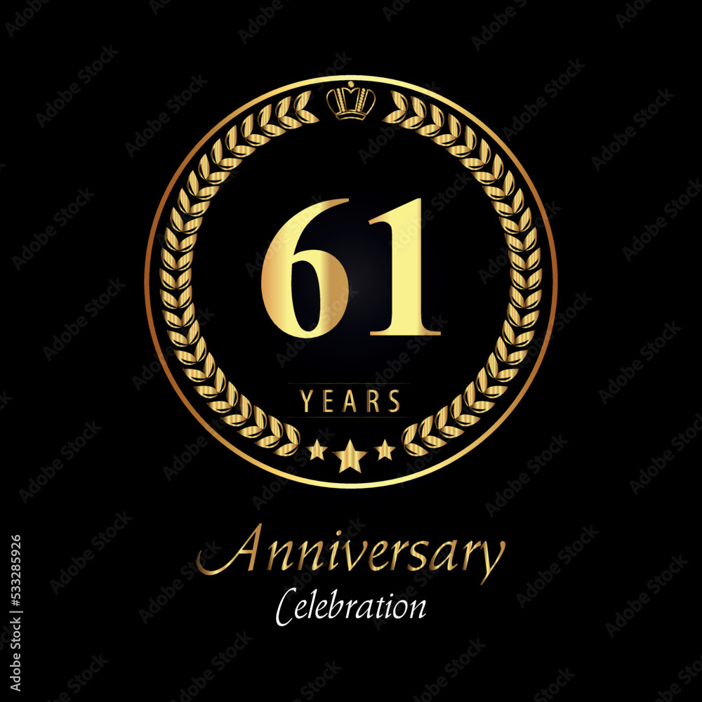 61th anniversary logo with golden laurel wreaths, gold crown, and gold star isolated on black background. Premium design for happy birthday, weddings, greetings card, poster, graduation, ceremony.
