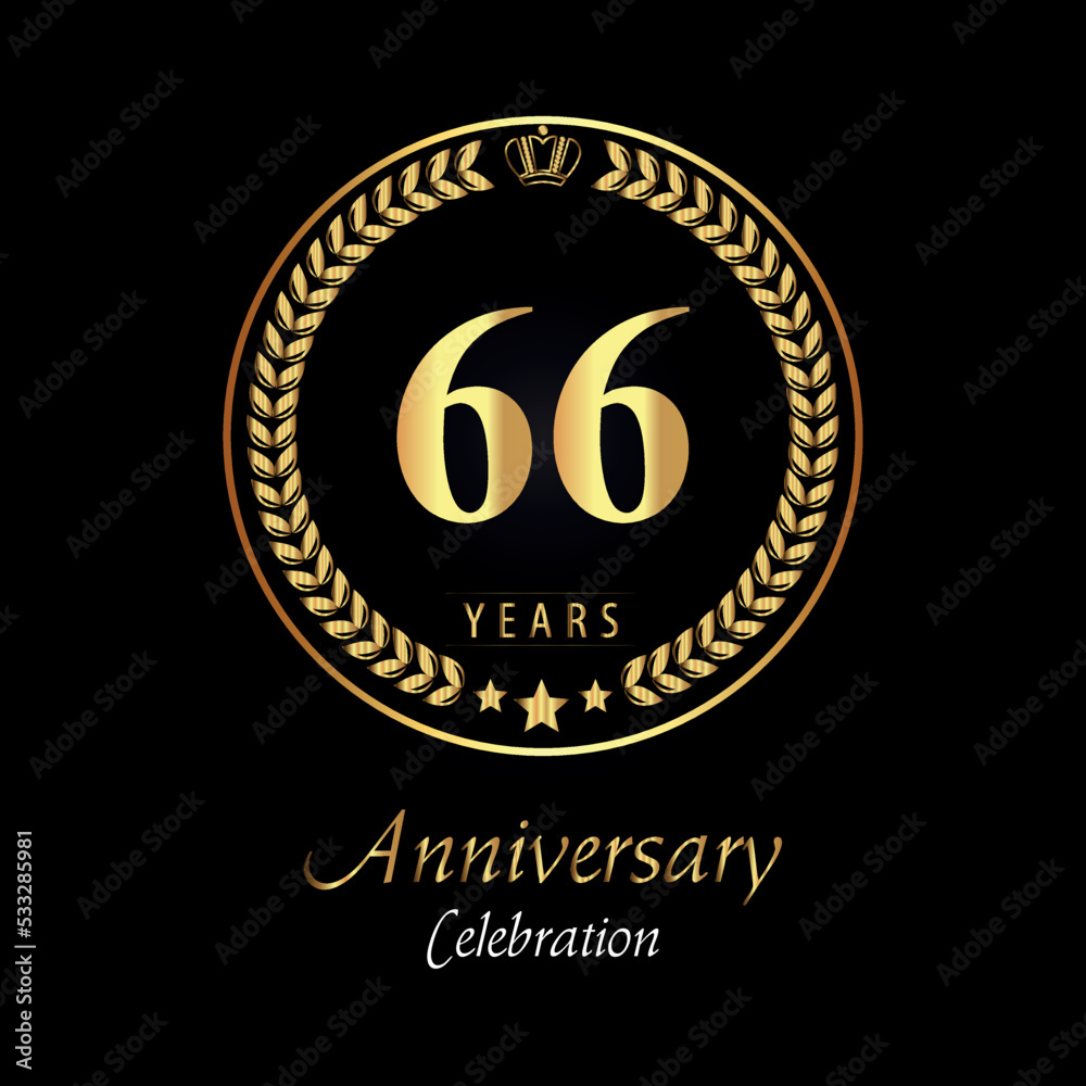 66th anniversary logo with golden laurel wreaths, gold crown, and gold star isolated on black background. Premium design for happy birthday, weddings, greetings card, poster, graduation, ceremony.