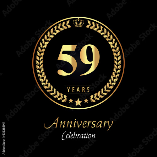 59th anniversary logo with golden laurel wreaths, gold crown, and gold star isolated on black background. Premium design for happy birthday, weddings, greetings card, poster, graduation, ceremony.