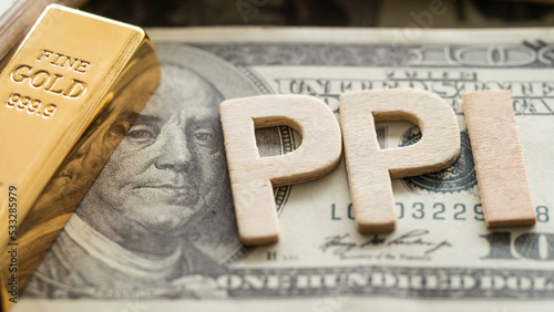 Text PPI message is placed on the dollar and gold bar. PRODUCER PRICE INDEX (PPI) numbers on the dollar concept.