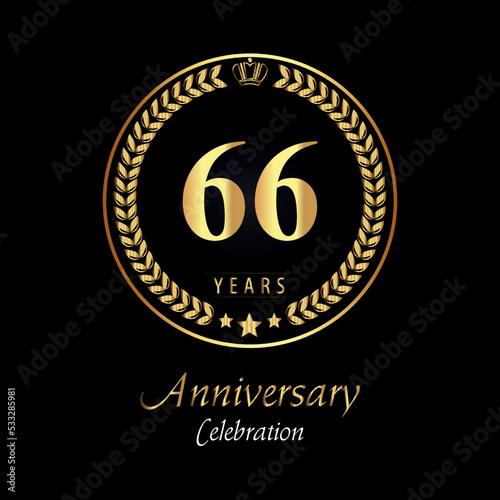 66th anniversary logo with golden laurel wreaths, gold crown, and gold star isolated on black background. Premium design for happy birthday, weddings, greetings card, poster, graduation, ceremony.