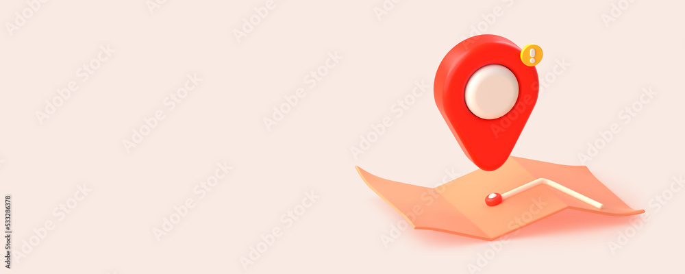 3d render map with local business gps pin. Red location marker with exclamation sign and route line. Direction, navigation, travel locator pointer for place position, point element destination mark 3d render map with local business gps pin. Red location marker with exclamation sign and route line. Direction, navigation, travel locator pointer for place position, point element destination mark