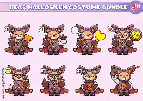 A bundle of illustrations of cute bears in vampire bat costumes, holding a boba tea and other thing