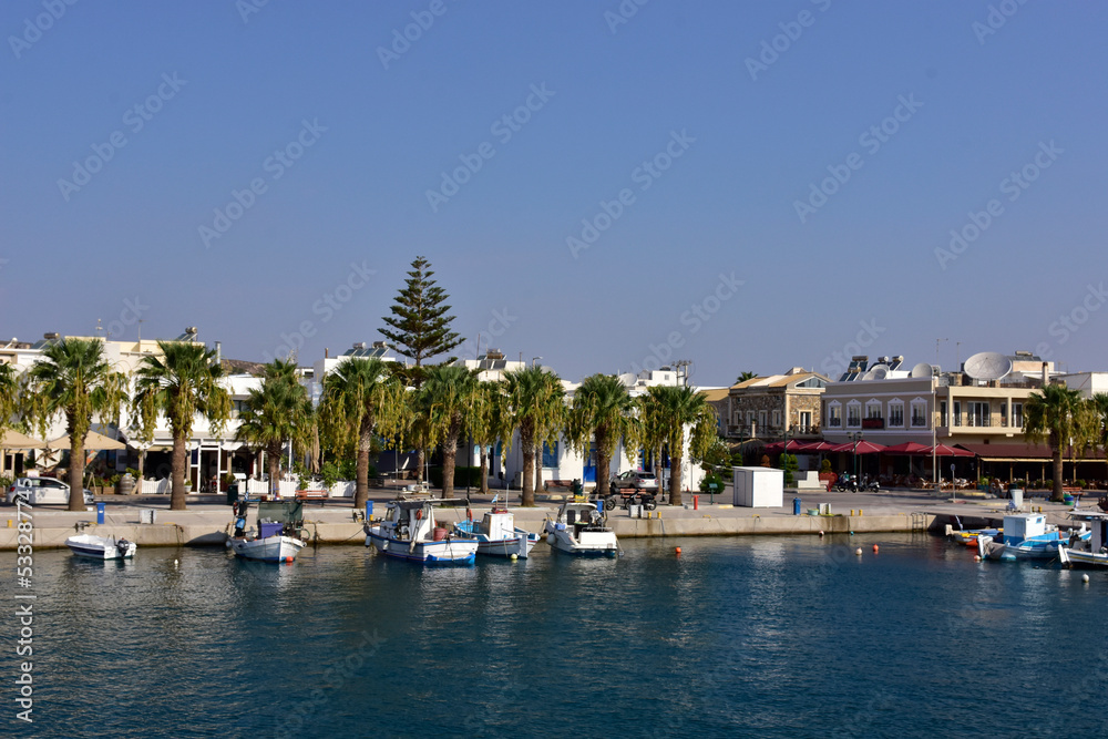 View from the sea of the port of Kardamena on the Greek island of Kos on a summer holiday day.