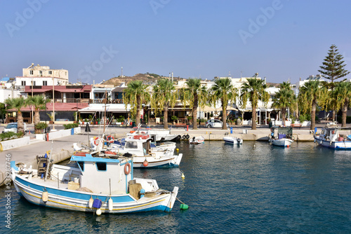 View from the sea of the port of Kardamena on the Greek island of Kos on a summer holiday day.