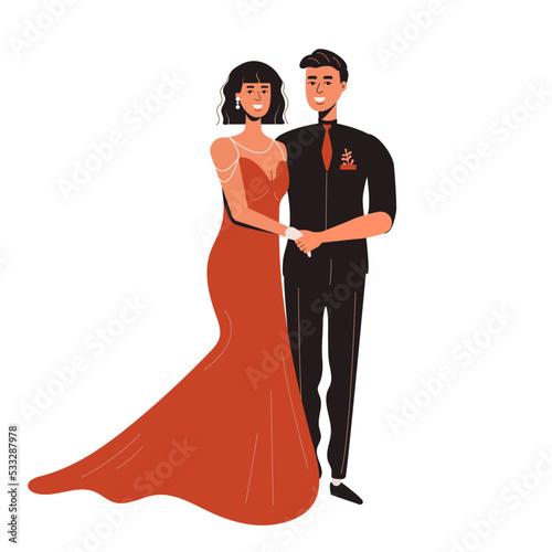 A woman in a red long dress and a handsome man. Lovers dance ballroom dancing. Award ceremony