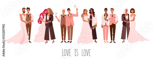 Gay and lesbian couples in love marry Love is love. LGBT community. An unconventional wedding. A man in a dress