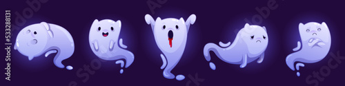 Cute ghosts, cartoon Halloween characters set. Funny eared spook creature emotions. Spooky spirits, smile, sleep, arrogant, frighten with bleeding mouth. Adorable fantasy Vector monster personages