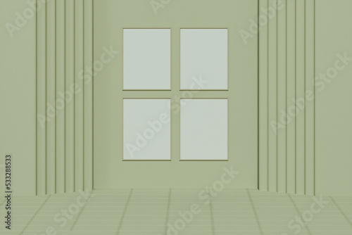 Minimalist living room interior in pastel green color with  frame on the wall .3d Rendering  poster gallery wall 