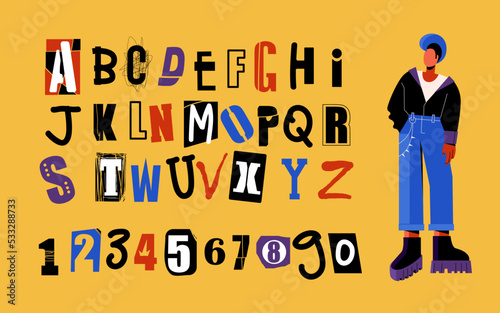 Alphabet in punk style. Colored letters and numbers are hand-drawn. Male rocker with mohawk