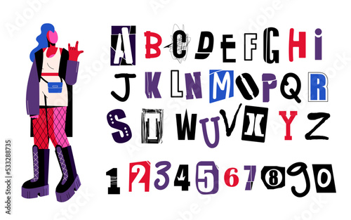 Alphabet in punk style. Colored letters and numbers are hand-drawn. Rocker girl with mohawk