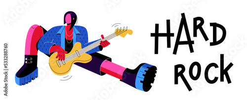 Musicians rocker plays guitar. Lettering is the King of rock. Punk in big boots on a white background