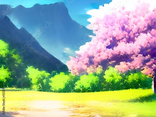 Cherrybloossom and mountains Nature landscape 2D anime Background  © MASOKI
