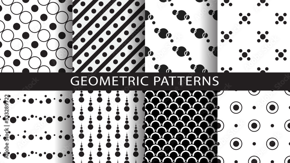 Black and white geometric seamless patterns set