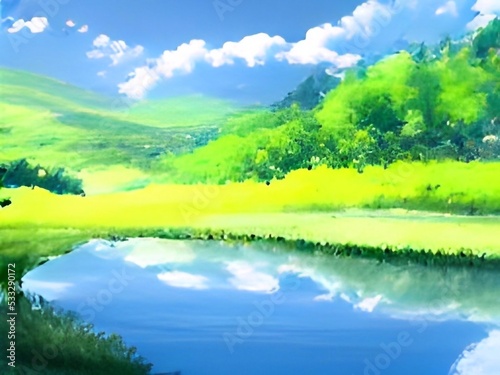 landscape with lake 2D anime Background 