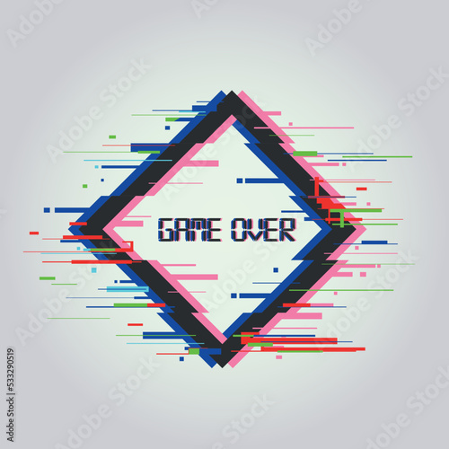Game over icon web page alert. Glitch effect banner. Square dynamic frame design with game over sign