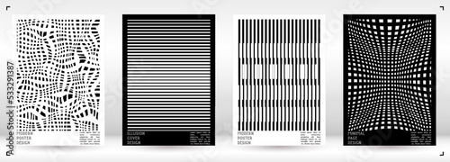 Geometrical Poster Design with Optical Illusion Effect.  Minimal Psychedelic Cover Page Collection. Monochrome Wave Lines Background. Fluid Stripes Art. Swiss Design. Vector Illustration for Placard.