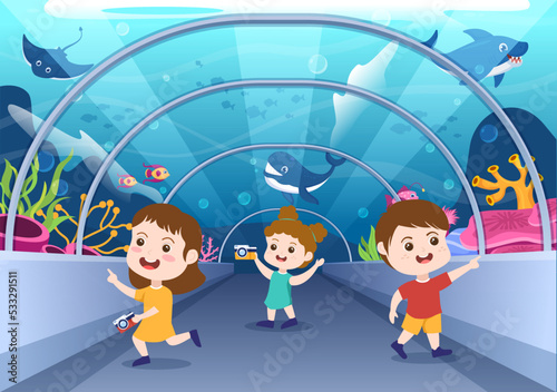 Aquarium Template Hand Drawn Cartoon Flat Illustration with Kids Looking at Underwater Fish, Sea Animals Variety, Marine Flora and Fauna