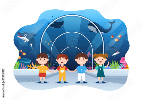 Aquarium Template Hand Drawn Cartoon Flat Illustration with Kids Looking at Underwater Fish, Sea Animals Variety, Marine Flora and Fauna