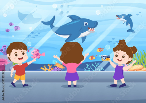 Aquarium Template Hand Drawn Cartoon Flat Illustration with Kids Looking at Underwater Fish, Sea Animals Variety, Marine Flora and Fauna