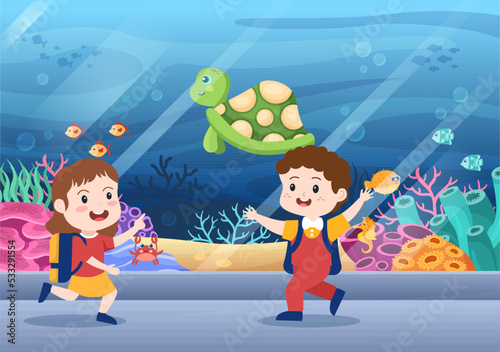 Aquarium Template Hand Drawn Cartoon Flat Illustration with Kids Looking at Underwater Fish, Sea Animals Variety, Marine Flora and Fauna